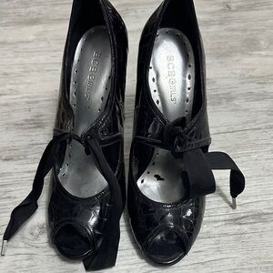 BCBGirls Black Croc-Embossed Heels with Ribbon Tie